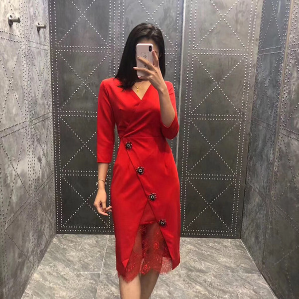 Lace Dresses Women Elegant Autumn New Style Casual Oblique Button Dress Ladies O-neck Half Sleeve Midi Dress