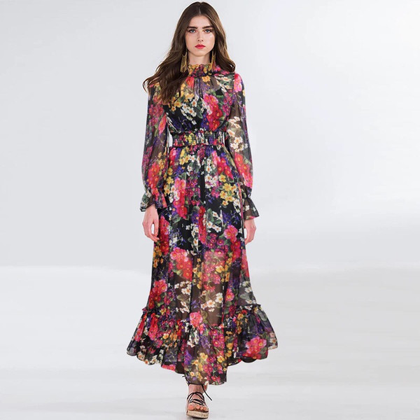 Woman Boho Style Dresses Female Spring Women Vintage Dress Print Long Sleeve Stand Neck Dress Long Party