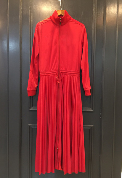 Streetwear Dress Long Casual Women Autumn Runway Long Sleeve Stand Collar Dress Female Elastic Waist Belt Pleated Dress Ladies