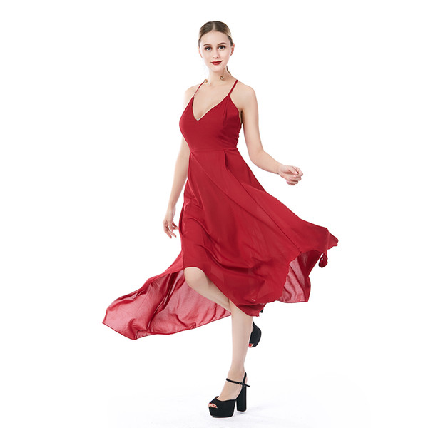 Beauty Garden Women Sexy Solid V-Neck Dress Ankle-Length Spaghetti Strap Irregular Hem Fashion Female Dress