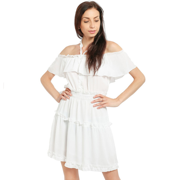 Fashion Summer Women Dress Short Sleeve Off The Shoulder Slash Neck Ruffles Sweet Dress For Women White