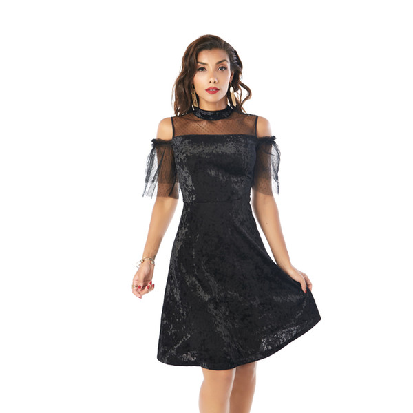 Beauty Garden Women Clothes Fashion Sheer Panelled Off The Shoulder Casual Party Evening Black Retro Dresses