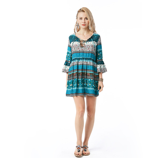 Women Clothes Casual Mini Dresses Beauty Garden New Casual Summer Mini Dress three-quarter sleeve V-Neck Print Green Dresses Women
