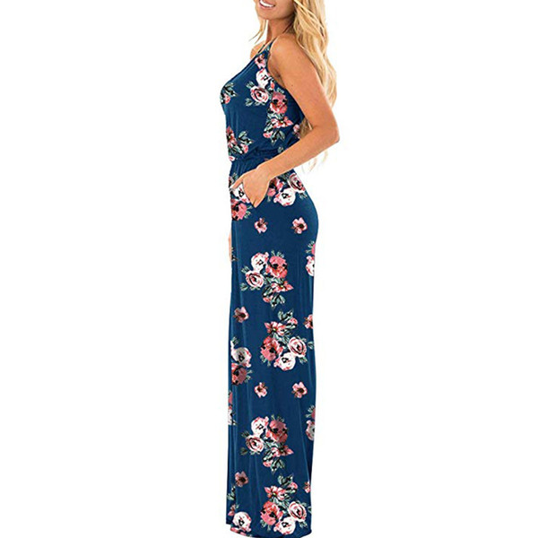 Women Jumpsuits round neck hanging bandwidth loose mop printing jumpsuit back cross strap adjustable knot waist waist trousers