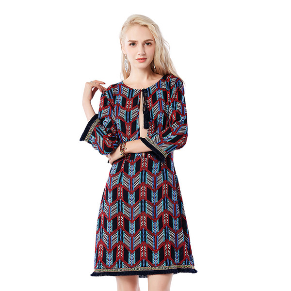 Beauty Garden Women Dress New Fashion National Print Hollow Out 3/4 Sleeve O Neck Tassels Decration Dress Summmer Autumn Dre