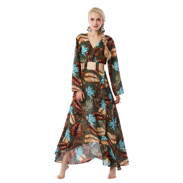 Beauty Garden Women long Dress New Fashion Feather Print Ankle Length Boho Spring Autumn Dress