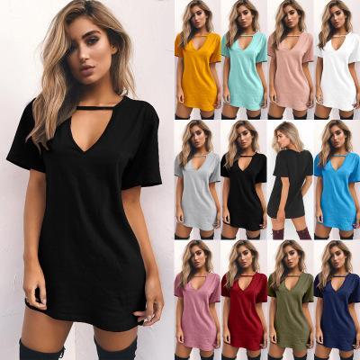 3XL Cotton Blend Soft Breathable Summer T-shirt Dresses V Neck Loose Casual A line Skirt 