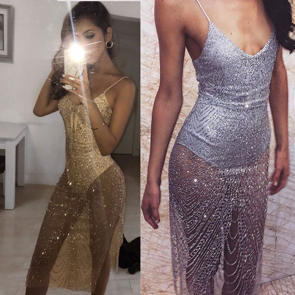 Nightclub Sequins Perspective Gold Prom Dress Backless Evening Gowns Long Sexy Party Dresses Luxury Cheap 2 Colors Drop Shipping