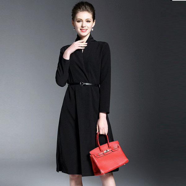 Autumn Spring Coat Belt European Style Women Suit Middle Long Coat Elegant Working Dresses Long Sleeve Black Dresses Wholesale