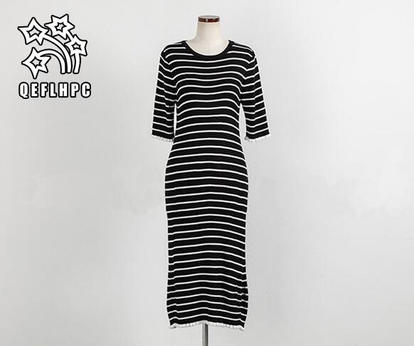 Spring and Summer. Black and white stripes. Sweater. Long Dress. Ladies fashion casual beach dress. Women's Clothing. Dresses. Ventilation.