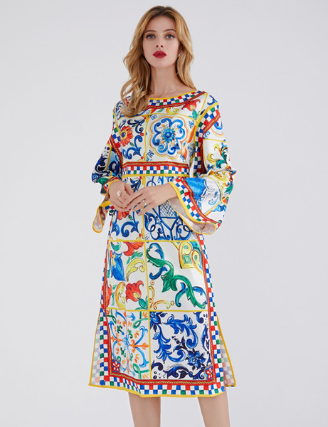 Vintage Print Women Dress Elegant Long Flare Sleeve Dresses 09K808