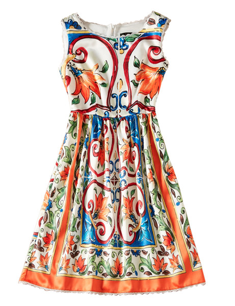 Vintage Print Women A-Line Dress Round Neck Sleeveless Casual Dresses 08K825