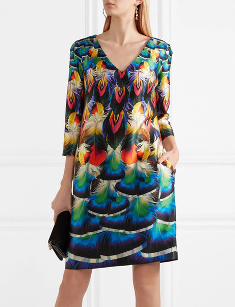 Fashion Peacock Print Women A-Line Dress V-Neck Casual Dresses 04K606