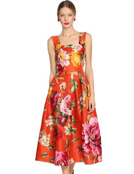 Flower Print Women A-Line Dress Sling Sleeveless Dresses 08K839