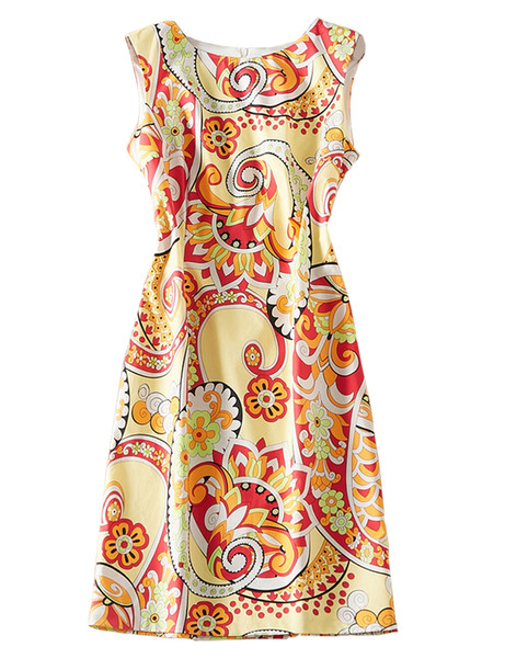 Women Floral Print Sleeveless Dress Round Neck Casual Dresses 04M006