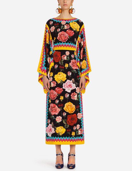 Vintage Flower Print Women Maxi Dress Elegant Long Sleeve Dresses 07K801