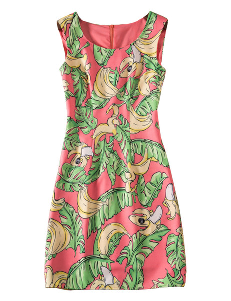 Flower Print Women Sheath Dress Round Neck Sleeveless Dresses 05K812