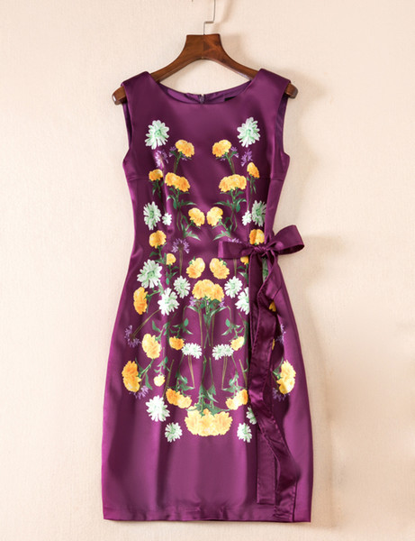 Flower Print Women Sheath Dress With Sashes Sleeveless Casual Dresses 05K802/K811