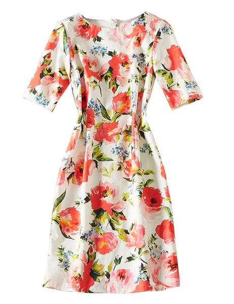 Floral Flower Print Sheath Dress Round Neck Short Sleeve Dresses 04M014