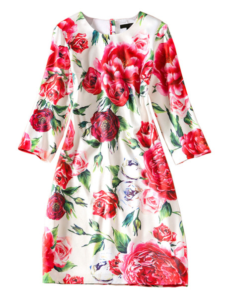 Flower Print Women Sheath Dress Elegant Long Sleeve Round Neck Casual Dresses 079999