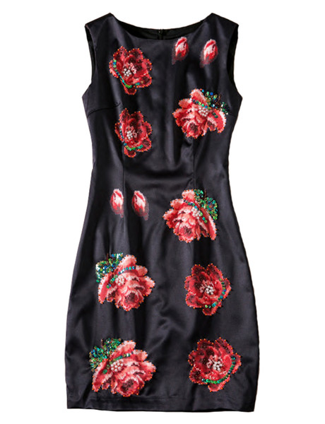 Flower Print Women Sheath Dress Sequins Sleeveless Casual Dresses 04K806