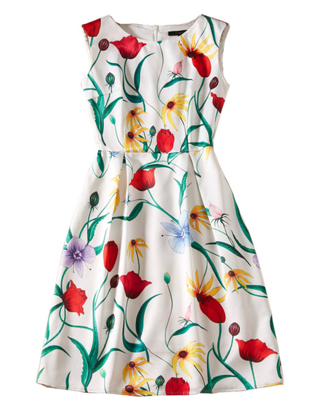 Flower Print Women Sheath Dress Round Neck Sleeveless Casual Dresses 09K883