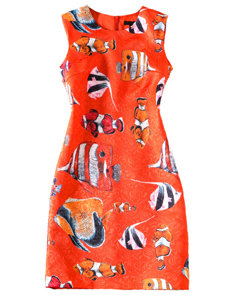 Cute Fishes Print Women Sheath Dress Sleeveless Casual Dresses 07K809