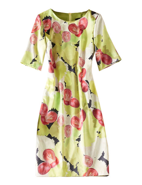 Fruit Print Women Sheath Dress Round Neck Half Sleeves Casual Dresses 04K893