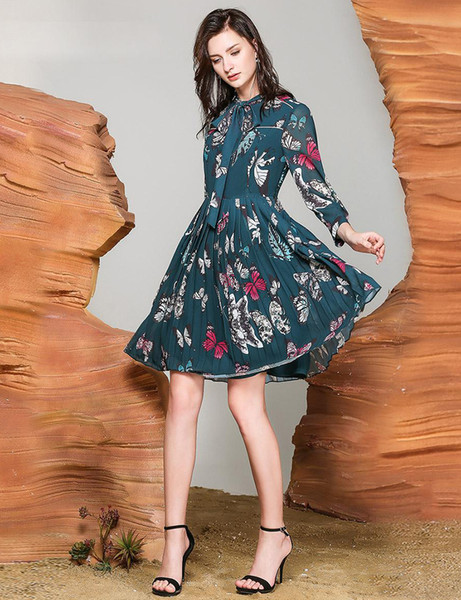 Butterfly Print Women A-Line Dress 3/4 Sleeve Pleated Casual Dresses 049997