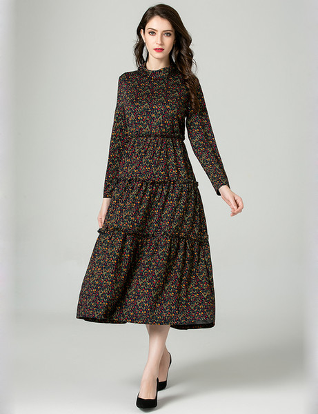 Floral Flower Print Women A-Line Dress Stand Collar Long Sleeve Casual Dresses 038180