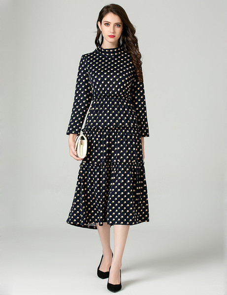 Polka Dot Print Women A-Line Dress Elegant Long Sleeve Casual Dresses 038178