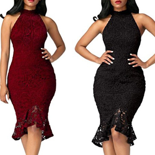 Promotion Knee-length Solid Tank Stand Women Dress Halter New Women's Fashion Sexy Slim Waist Lace Dress