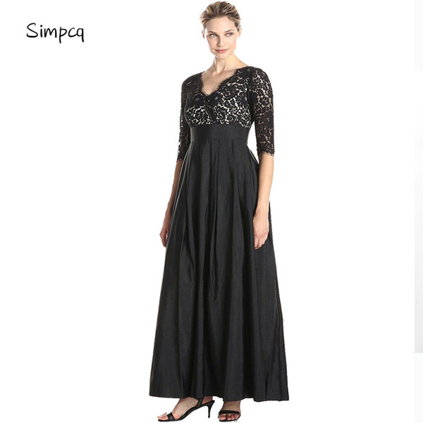 Simpcq New Arrival Lace Ankle-Length Summer Dresses for Woman Half Sleeve Black Empire Noble V-neck 6016