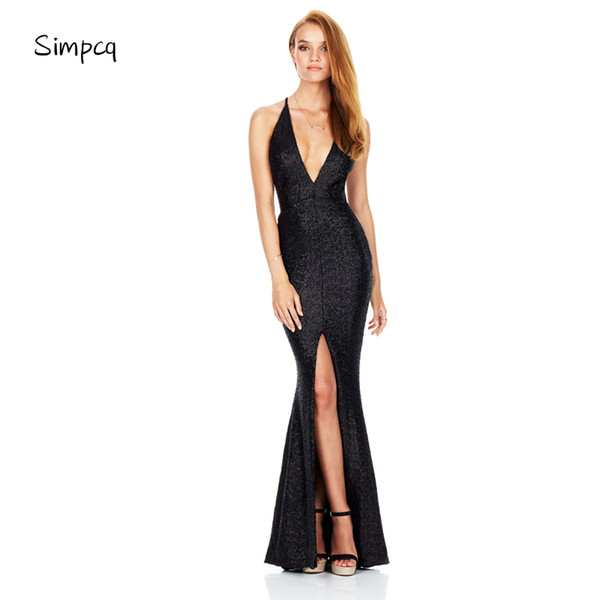 Acetate Solid Top Fashion Real Robe Dress Vestidos De Fiesta Long Sexy Halter Strap Down And Nightclub Dress Deep V Sequin