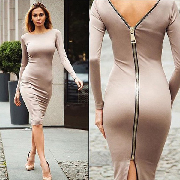 Bodycon Sheath Little Black Long Sleeve Party Women Clothing Back Full Zipper Robe Sexy Femme Pencil Charm Women Backless Dress