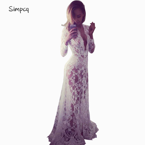 Summer Dresses Womens Sexy Lace Embroidery Maxi Solid White Dress Long Sleeve Deep V Neck European Style Perspective Tight