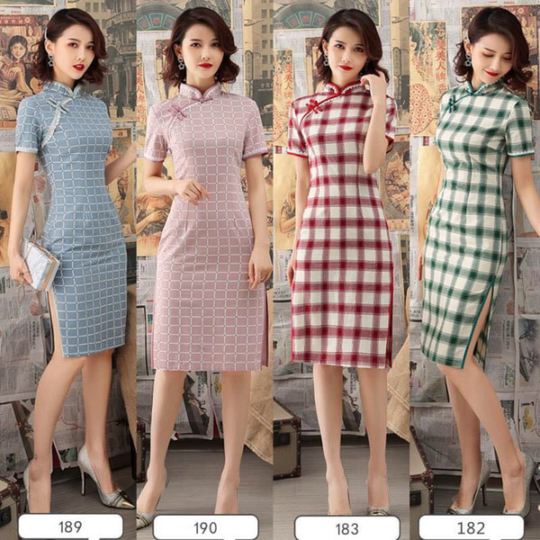 Shanghai Story 2022Cotton Linen Plaid Qipao Chinese Traditional Clothing 2Color