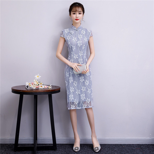 Shanghai Story 2022New Sale Short sleeve Lace Knee Length cheongsam jacquard Qipao chinese dress Oriental Dress Party Dresses For Women