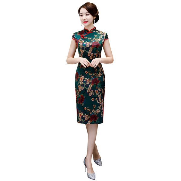 Shanghai Story New Sale Faux Silk Short Sleeve Floral Qipao With Lining Cheongsam Dress Chinese Traditional Dress For Ladies