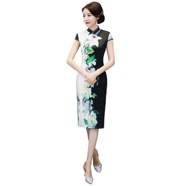 Shanghai Story 2022New Sale Faux Silk Short Sleeve Floral Qipao With Lining Cheongsam Dress Chinese Traditional Dress For Women