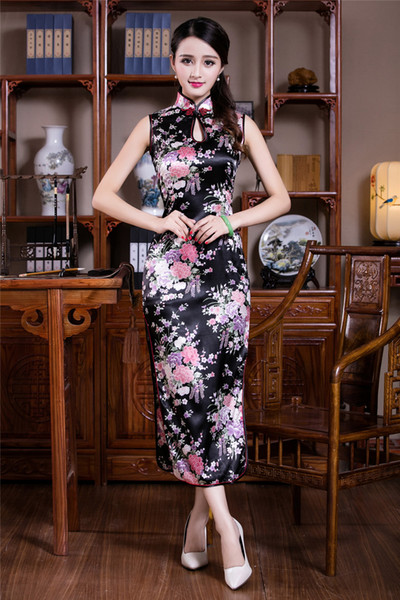 Shanghai Story Sleeveless Faux silk long cheongsam dress evening Dresses Traditional chinese China dress sexy Qipao dresses 4 color