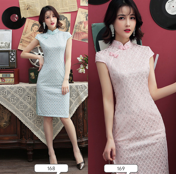 Shanghai Story 2022New Sale Short sleeve Knee Length cheongsam Factory Price Lace Qipao chinese dress Oriental Dress 2 Color