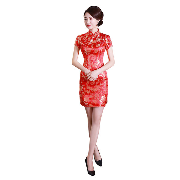 Shanghai Story Short Sleeve Satin Qipao Embroidery Chinese Cheongsam Dress Oriental Style dress Red