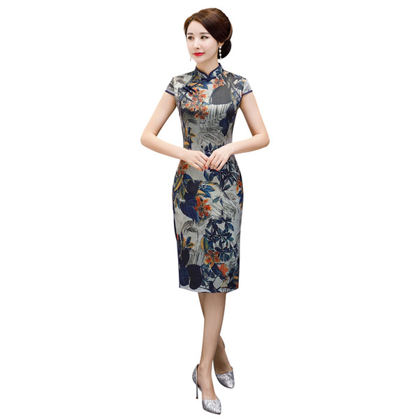 Shanghai Story Faux Silk Short Sleeve Floral Qipao With Lining Cheongsam Dress Chinese Traditional Dress For Women