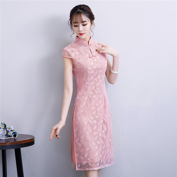 Shanghai Story Top Quality Short sleeve Knee Length cheongsam Lace Qipao chinese dress Oriental Dress 3 Color