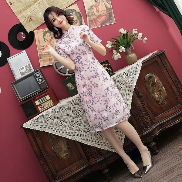 Shanghai Story Top Quality Faux Silk Short sleeve Knee Length cheongsam Floral Qipao chinese dress Oriental Dress 2 Color