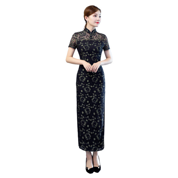 Shanghai Story 2022Autumn New Arrival Short Sleeve Qipao Lace Cheongsam Dress Long Chinese Traditional Clothing for Women