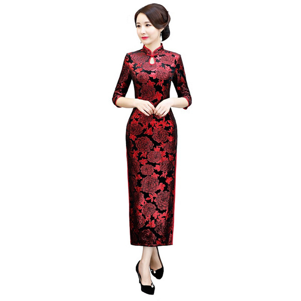 Shanghai Story 2022New Sale 3/4 Sleeve Keyhole Floral Qipao Velvet Cheongsam Dress Red Long Chinese Traditional Dress