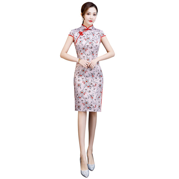 Shanghai Story 2022New Sale Faux Silk Knee Length Short Sleeve Floral Qipao With Lining Cheongsam Dress Chinese Traditional Dress For Woman