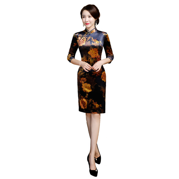 Shanghai Story 2022Autumn Knee Length 3/4 Sleeve Qipao Velvet Cheongsam Dress Chinese Traditional Dresses for Women